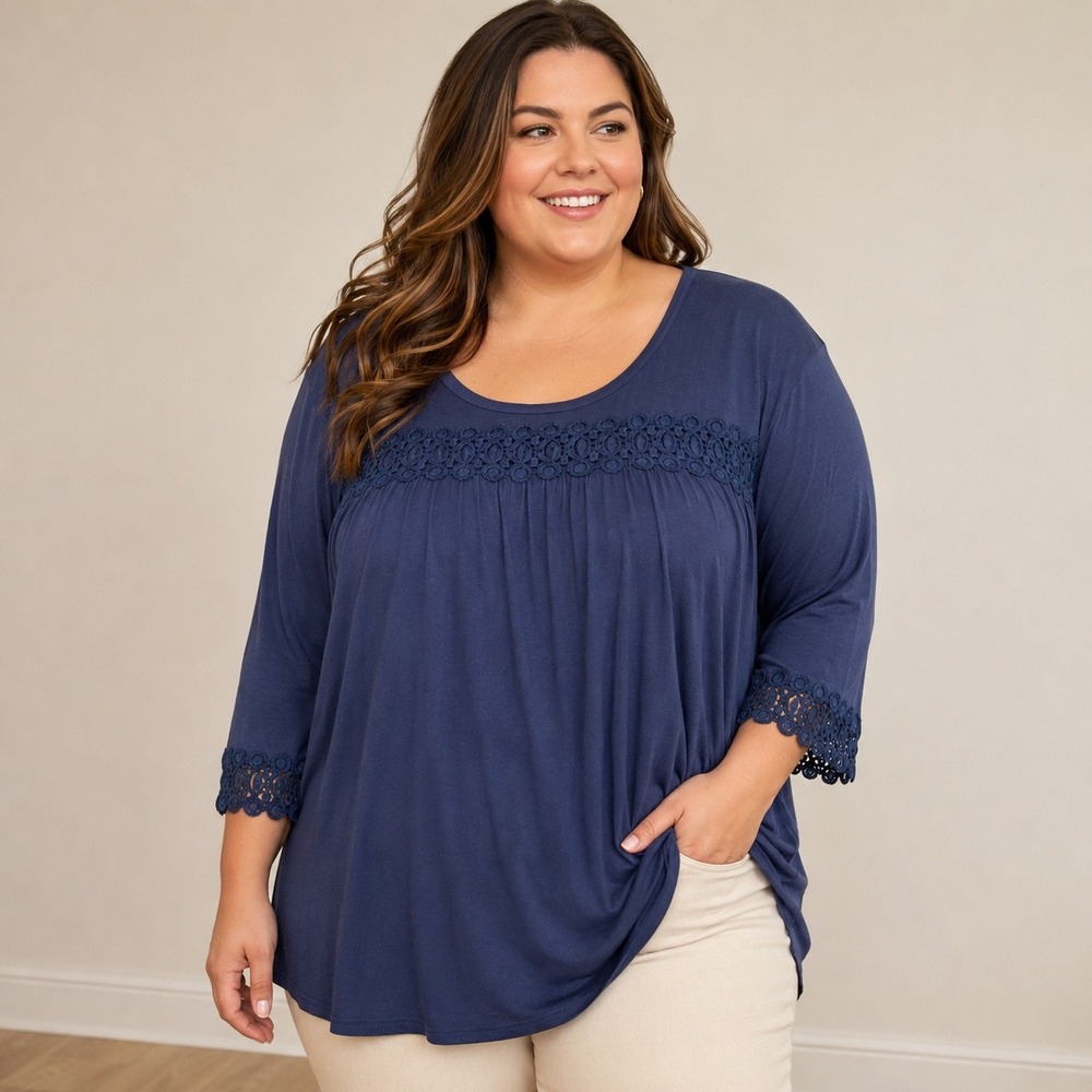 Suzanne Betro Navy Crochet Lace Trim Flowy Tunic Top Plus Size 1X Boho Feminine